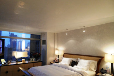 Großes Modernes Hauptschlafzimmer ohne Kamin mit beiger Wandfarbe und Teppichboden in New York
