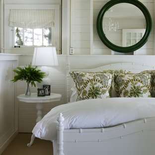 Cette image montre une chambre avec moquette marine avec un mur blanc.