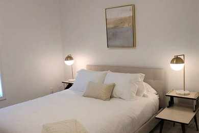 他の地域にあるトランジショナルスタイルのおしゃれな客用寝室 (白い壁、カーペット敷き、ベージュの床)