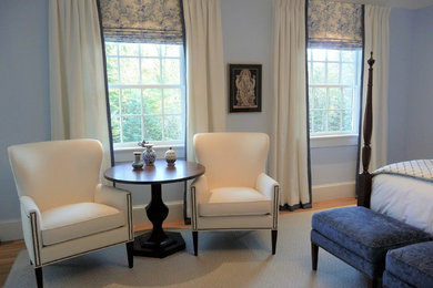 ボストンにある中くらいなトランジショナルスタイルのおしゃれな客用寝室 (青い壁、無垢フローリング、暖炉なし、青い床)