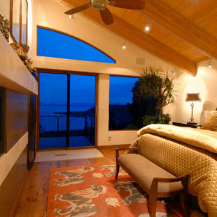 Imagen de dormitorio principal, contemporáneo, grande, con paredes beige, suelo de madera en tonos medios, chimenea lineal y marco de chimenea de metal
