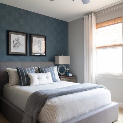 Mid-sized transitional guest carpeted and beige floor bedroom photo in Dallas with gray walls and no fireplace