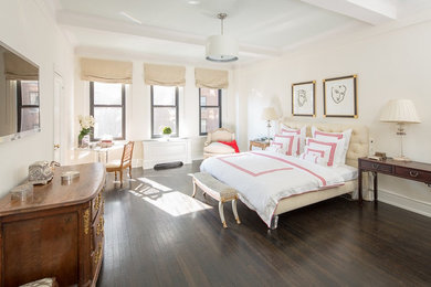 Large eclectic master dark wood floor bedroom photo in New York with white walls