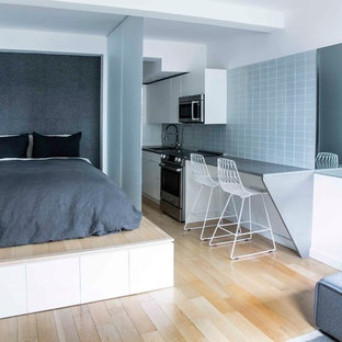 Ejemplo de dormitorio tipo loft, contemporáneo, con paredes grises y suelo de madera clara