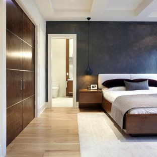Foto de dormitorio principal, minimalista, grande, con paredes marrones y suelo de madera clara