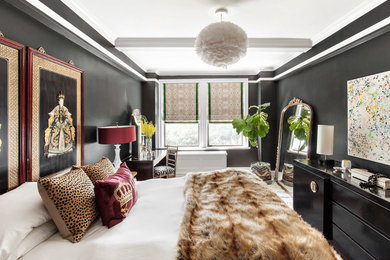 Mid-sized eclectic master bedroom photo in New York with black walls and no fireplace