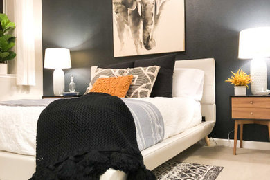 Modelo de dormitorio minimalista con paredes negras y moqueta