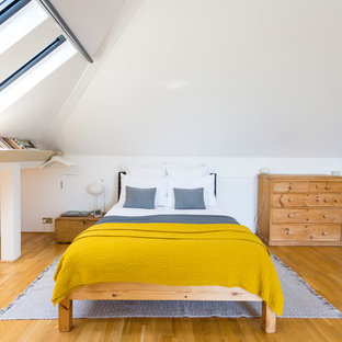 Foto de dormitorio tipo loft, nórdico, sin chimenea, con paredes blancas y suelo de madera en tonos medios