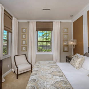 Inspiration for a transitional master carpeted and beige floor bedroom remodel in San Diego with beige walls