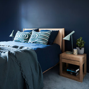 Inspiration for a mid-sized contemporary guest bedroom in Sydney with blue walls, carpet, no fireplace and blue floor.