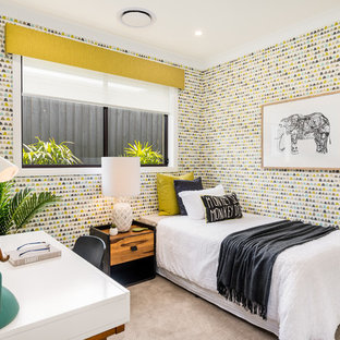 Contemporary guest bedroom in Sydney with multi-coloured walls, carpet and beige floor.