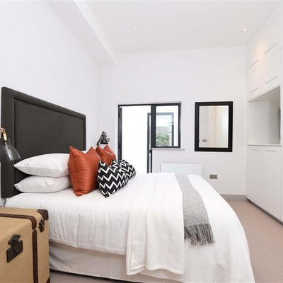Bedroom - contemporary carpeted bedroom idea in London with white walls and no fireplace