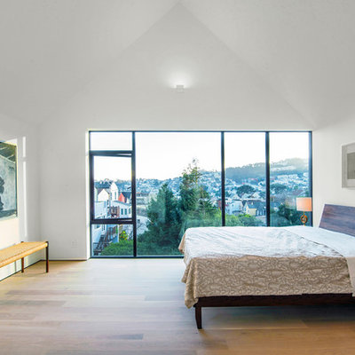 Inspiration for a large modern master medium tone wood floor and beige floor bedroom remodel in San Francisco with white walls and no fireplace