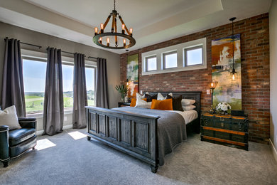 Bedroom - large contemporary master carpeted and gray floor bedroom idea in Omaha with white walls and no fireplace