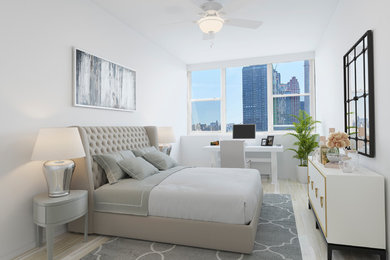 ニューヨークにある中くらいなモダンスタイルのおしゃれな主寝室 (白い壁、淡色無垢フローリング、ベージュの床) のインテリア