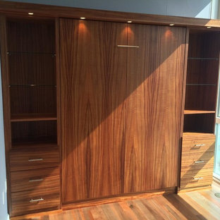 Modelo de habitación de invitados tropical, pequeña, sin chimenea, con paredes azules y suelo de madera en tonos medios