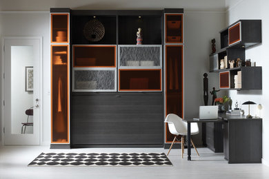 Mid-sized trendy guest porcelain tile bedroom photo in Santa Barbara with gray walls and no fireplace