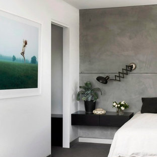 Modelo de habitación de invitados industrial, de tamaño medio, sin chimenea, con paredes grises, moqueta y suelo gris