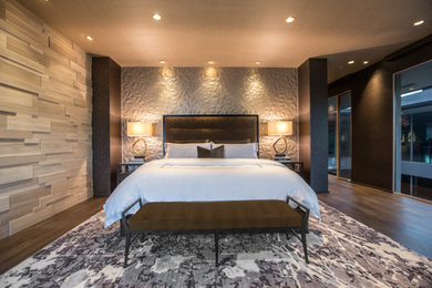 Inspiration for a large contemporary master dark wood floor and brown floor bedroom remodel in Phoenix with gray walls and no fireplace