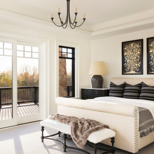 Bedroom - large transitional master carpeted and gray floor bedroom idea in Milwaukee with white walls and no fireplace
