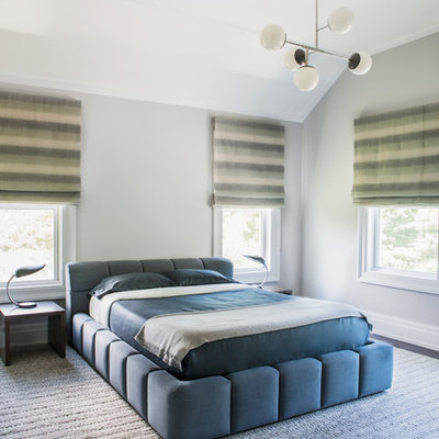 Example of a transitional bedroom design in New York with gray walls and no fireplace