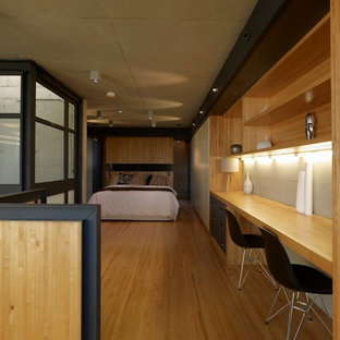 Design ideas for a mid-sized industrial loft-style bedroom in Sydney with light hardwood floors and beige floor.