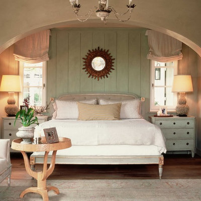 Cottage chic bedroom photo in Orange County with green walls