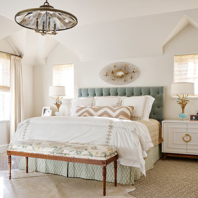Transitional master carpeted bedroom photo in Dallas with beige walls