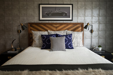 Medium sized contemporary master bedroom in Omaha with grey walls, vinyl flooring and brown floors.