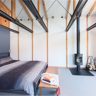 Großes Modernes Hauptschlafzimmer mit blauer Wandfarbe, Teppichboden, Kaminofen und grauem Boden in Seattle