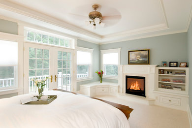 Bedroom - mid-sized traditional master carpeted and white floor bedroom idea in Boston with gray walls and a standard fireplace