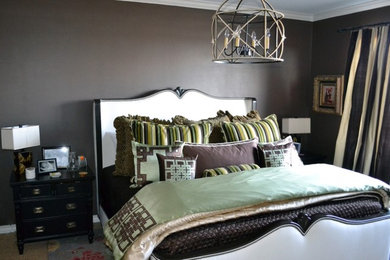 Example of a huge transitional master bedroom design in Austin with brown walls