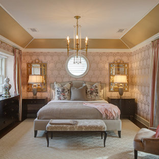 Inspiration for a timeless bedroom remodel in Chicago with pink walls