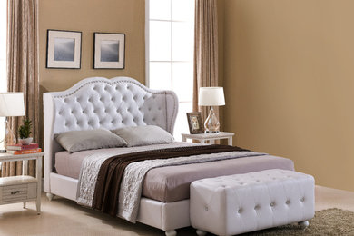 White Faux Leather Crystal Button Tufted Upholstered Platform Slat Bed (Wood Fra