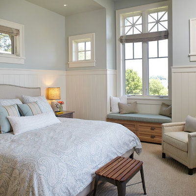 Beach style carpeted bedroom photo in Grand Rapids with blue walls