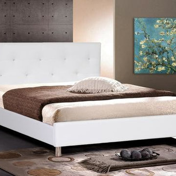 White Leather Modern Queen Size Bed Frame with Crystal Button