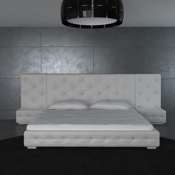 White Modern Leather Bed with Headboard 2 Nightstands