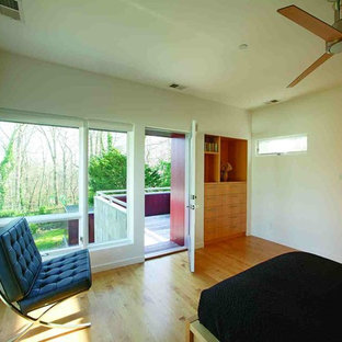 Foto de habitación de invitados minimalista, de tamaño medio, con chimenea tradicional y marco de chimenea de metal