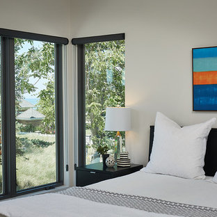 Large trendy guest carpeted bedroom photo in Grand Rapids with beige walls