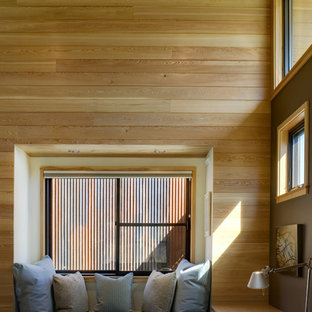 Trendy bedroom photo in Seattle with brown walls