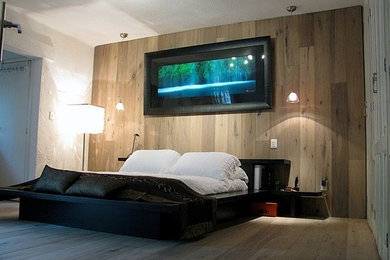デトロイトにあるコンテンポラリースタイルのおしゃれな主寝室 (淡色無垢フローリング、白い壁、暖炉なし) のレイアウト