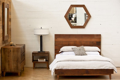 Modelo de habitación de invitados rústica de tamaño medio con paredes blancas y suelo de madera clara