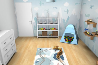 Idéer för mellanstora funkis barnrum kombinerat med lekrum, med vita väggar och laminatgolv