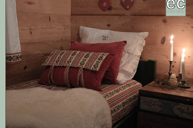 Immagine di una piccola camera degli ospiti rustica con pareti bianche, parquet chiaro e cornice del camino in intonaco