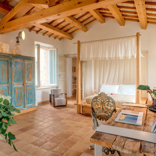 Esempio di una camera da letto mediterranea con pareti bianche, pavimento in terracotta e pavimento marrone