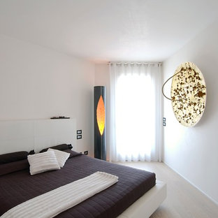 Immagine di una camera da letto contemporanea con pareti bianche, parquet chiaro e nessun camino