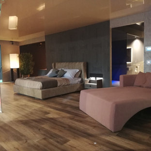 Foto de dormitorio principal, minimalista, grande, con paredes grises, suelo vinílico, chimenea de esquina, marco de chimenea de yeso y suelo marrón