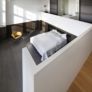 Foto de dormitorio tipo loft, minimalista, sin chimenea, con paredes blancas y suelo de madera oscura