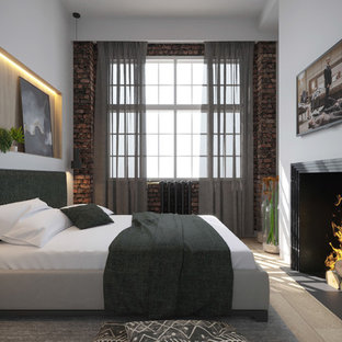 Imagen de dormitorio principal, contemporáneo, pequeño, con paredes grises, suelo de madera en tonos medios, chimenea de doble cara y marco de chimenea de piedra