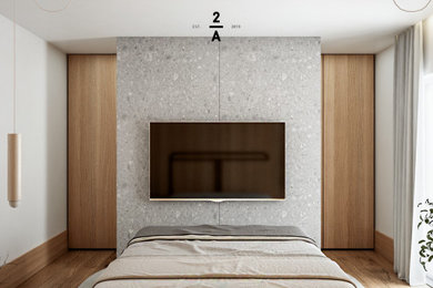 Idee per una camera da letto minimal con pareti bianche e parquet chiaro